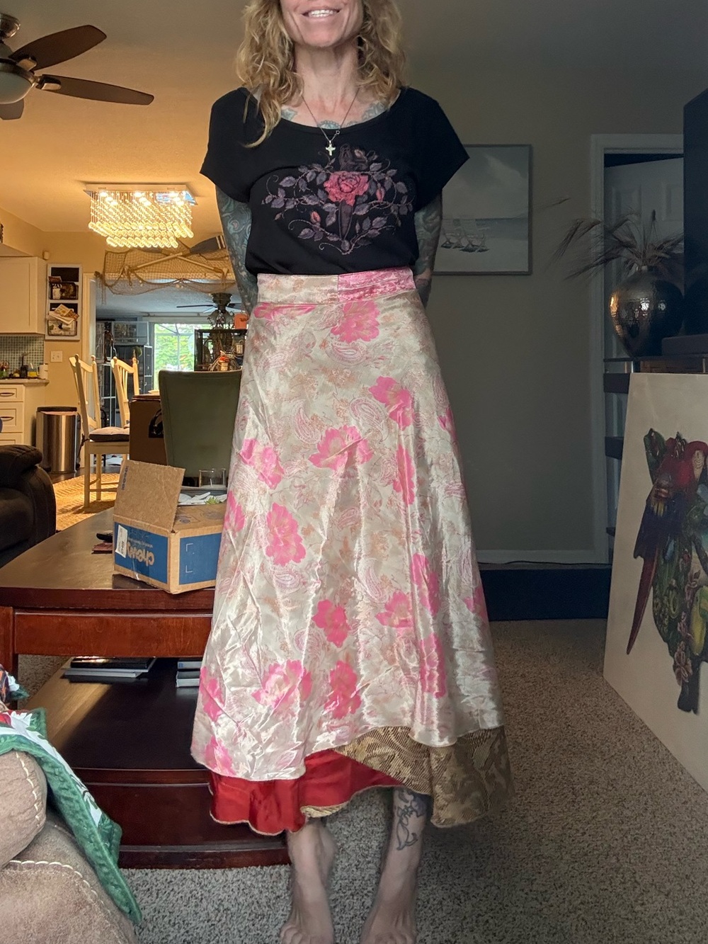 Floral Pink and Gold Reversible Silk Sari Skirt - Picture 9 of 9